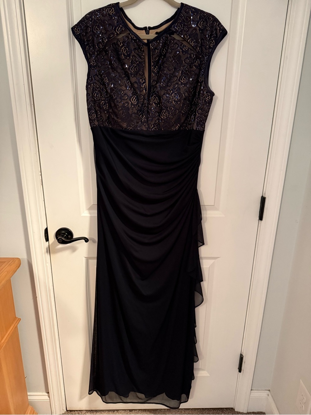 Betsy & Adam Navy Beaded Lace-Top Maxi Dress